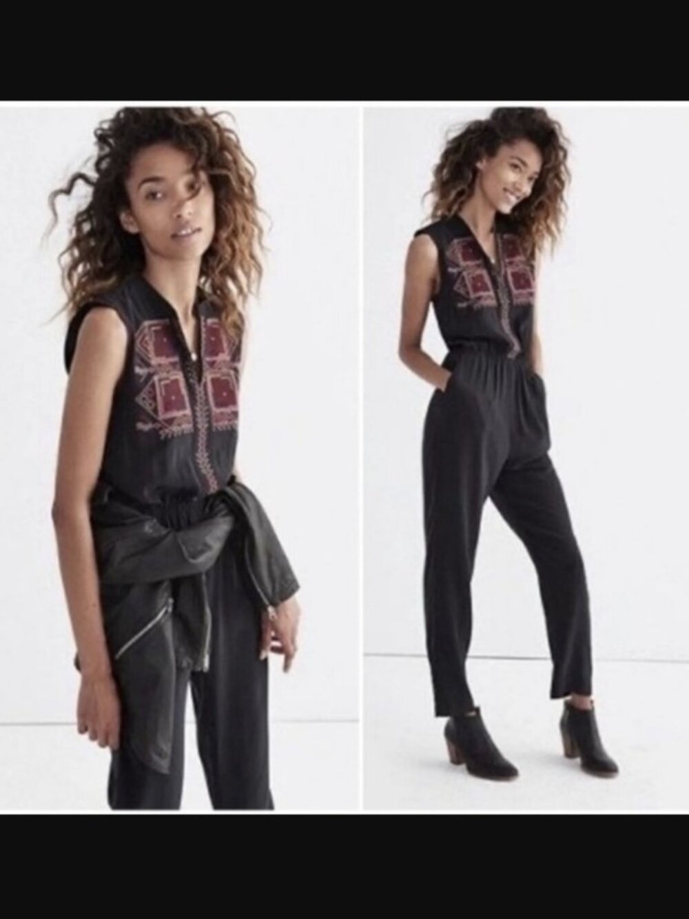 Madewell Embroidered 100% Silk Folkway Jumpsuit in Black Size 2